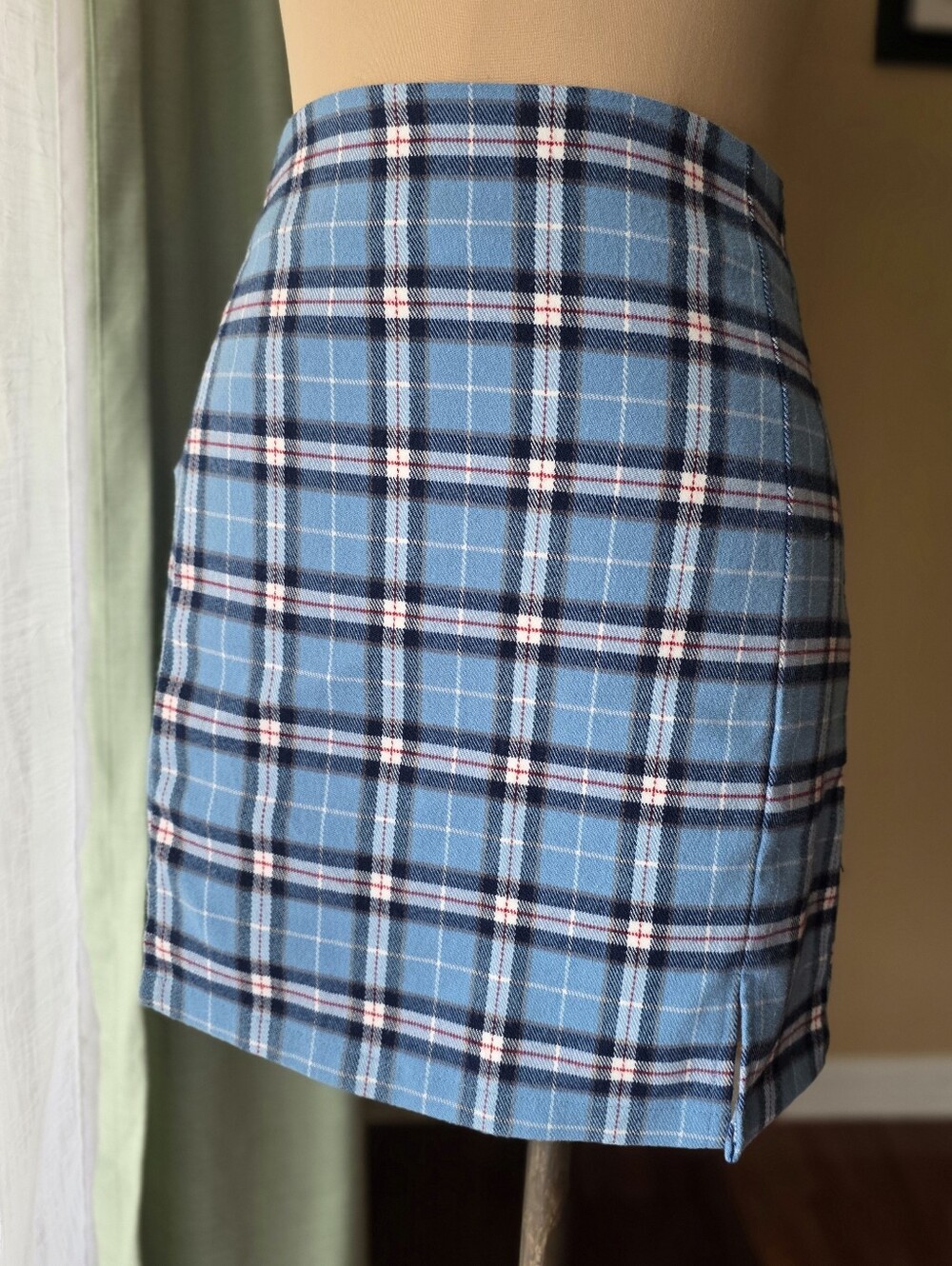 John Galt Brandy Melville Blue Plaid Cara Mini Skirt High Waisted Side Slit XS